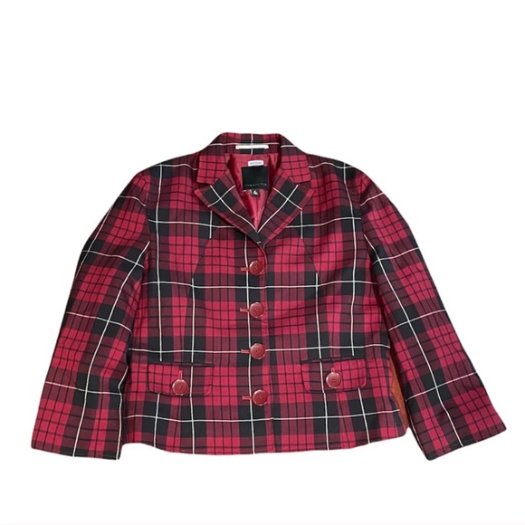 The Limited tartan plaid print button front red black blazer 3/4 sleeve size 6 - Picture 9 of 11